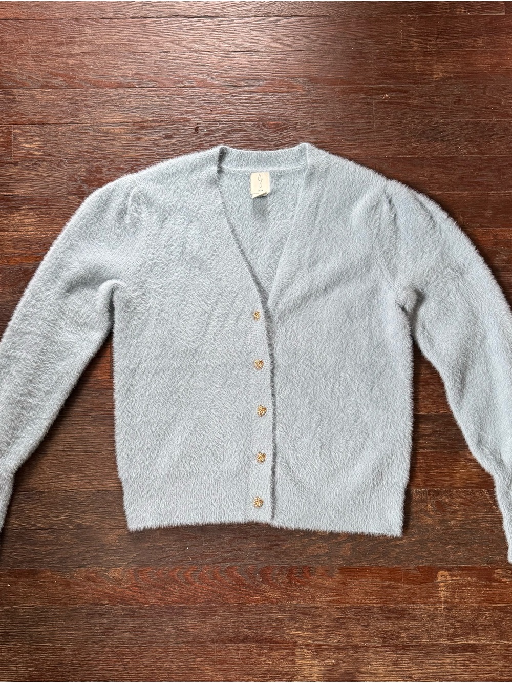 Joie Powder Blue Fuzzy V-Neck Cardigan with Gold Buttons